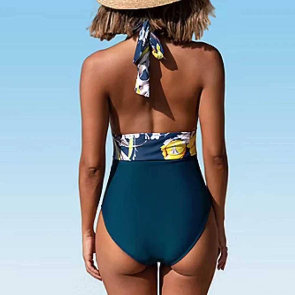 One Piece MULTI Bold Floral Halter Women’s Swimsuit NWT L - Picture 3 of 4